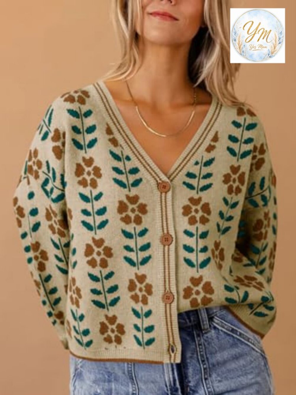 Floral Print V Neck Cardigan Open Front Button Down Knit Sweater Long Sleeve - Picture 2 of 7